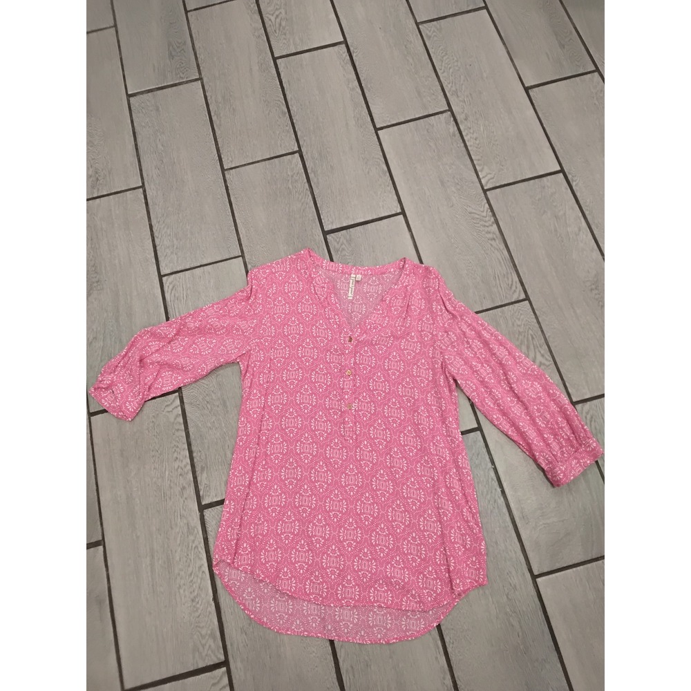 Grand Greene Pink White Geometric Print V Neck Tunic Top Women's Size S